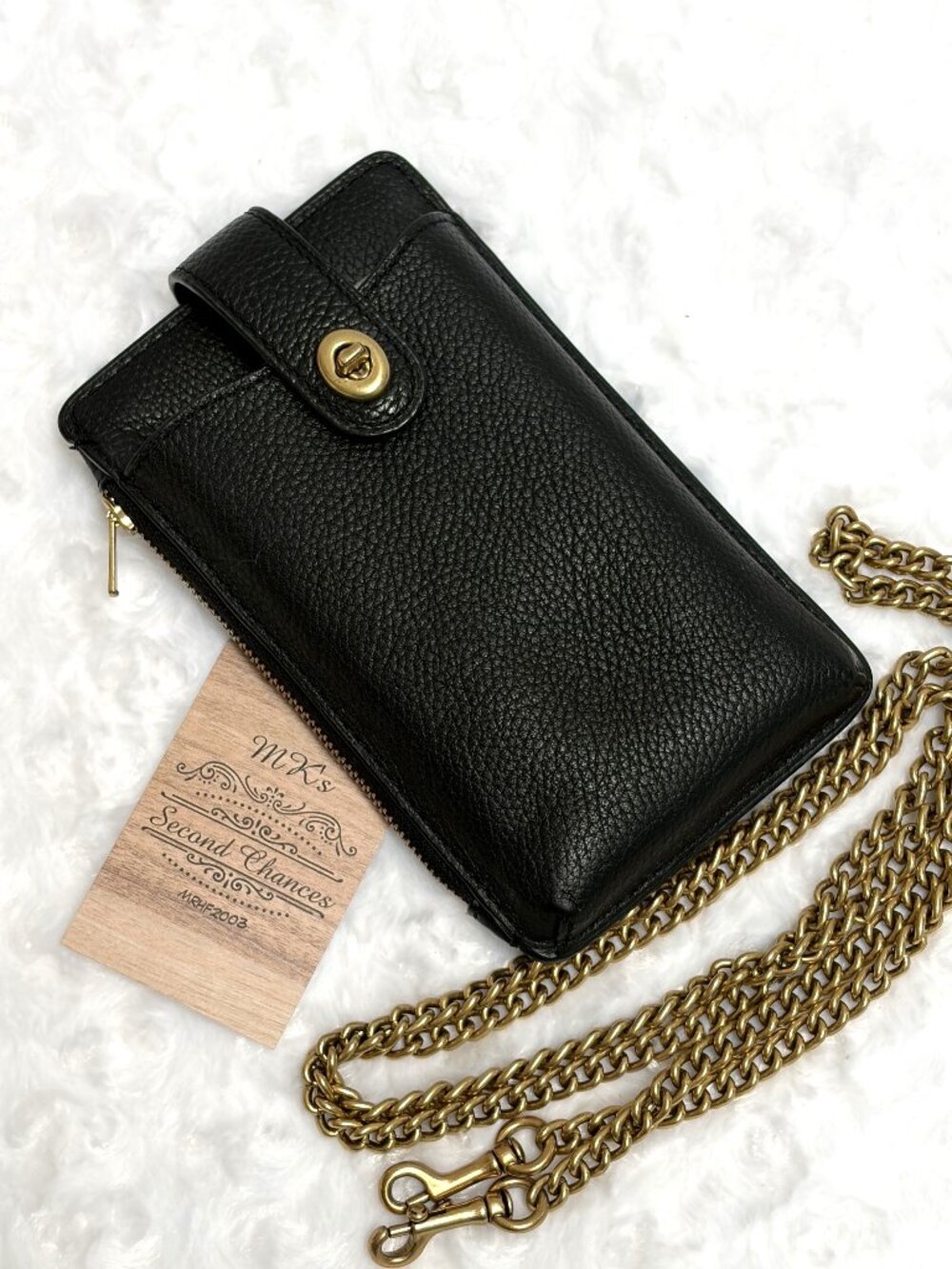 Coach Polished Pebble Leather Chain Phone Crossbody in Black - EUC